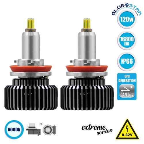 GloboStar® 82064 H8 360° Extreme Line KIT Βασικού Φωτισμού Αυτοκινήτου & Φορτηγού 3rd Generation Can-Bus Extreme Truck Series LED CREE CXB COB 120W 16800lm DC 9-32V Αδιάβροχο IP66 Ψυχρό Λευκό 6000K