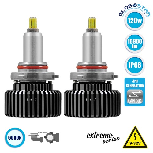 GloboStar® 82069 HB3 9005 360° Line Extreme KIT Βασικού Φωτισμού Αυτοκινήτου & Φορτηγού 3rd Generation Can-Bus Extreme Truck Series LED CREE CXB COB 120W 16800lm DC 9-32V Αδιάβροχο IP66 Ψυχρό Λευκό 6000K