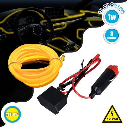 GLOBOSTAR® ELWIRE 82208 Κιτ Διακοσμητικού Φωτισμού Αυτοκινήτου LED 1.2W 84lm 360° DC 12V Αδιάβροχο IP65 Κίτρινο - Μ300 x Π1 x Υ0.3cm - 1 Χρόνο Εγγύηση