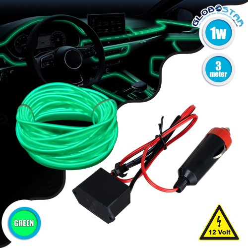 GLOBOSTAR® ELWIRE 82209 Κιτ Διακοσμητικού Φωτισμού Αυτοκινήτου LED 1.2W 84lm 360° DC 12V Αδιάβροχο IP65 Πράσινο - Μ300 x Π1 x Υ0.3cm - 1 Χρόνο Εγγύηση