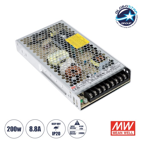 GLOBOSTAR® MEANWELL-LRS200-24 90783 Τροφοδοτικό/Μετασχηματιστής Class I PELV 200W 8.8A AC 220-240V σε DC 24V IP20 - Ρυθμιζόμενo από DC 21.6V έως DC 28.8V - Ασημί - Μ21.5 x Π11.5 x Υ3cm - 3 Χρόνια Εγγύηση