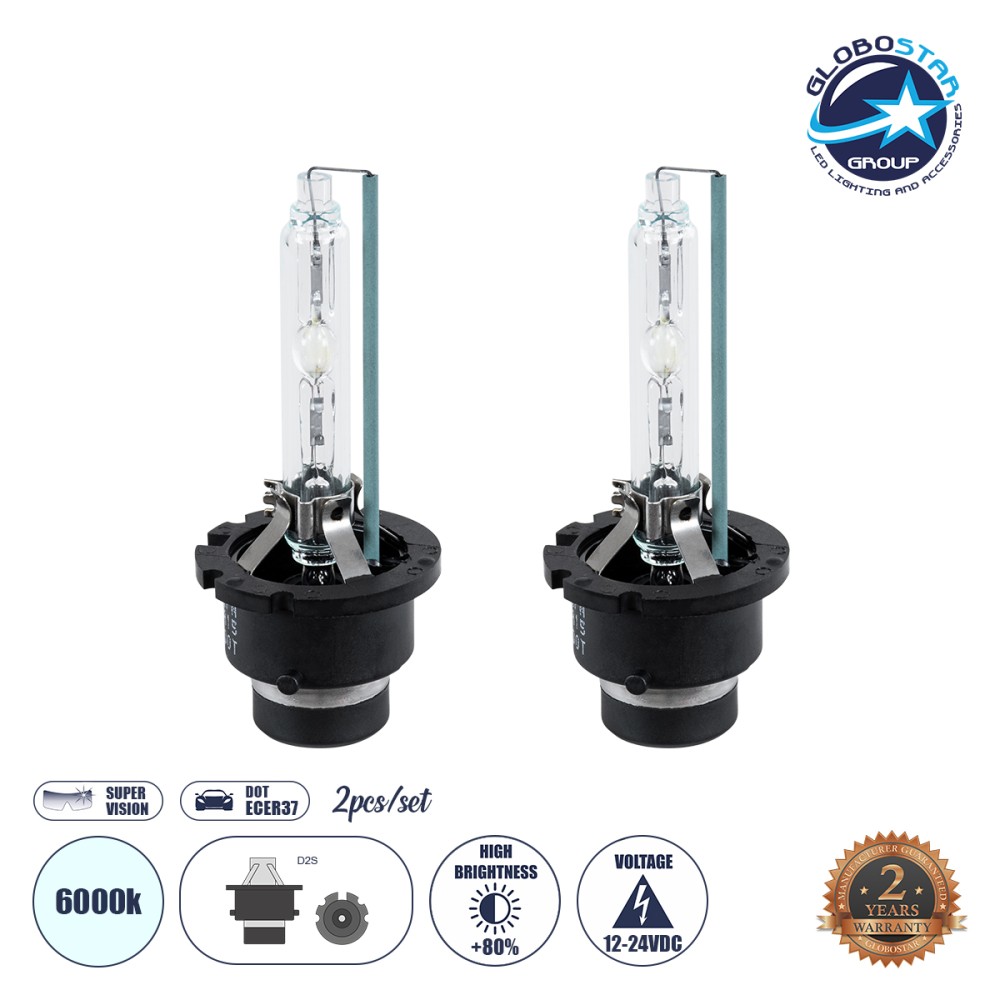GLOBOSTAR® HID 84042 Λάμπα Xenon D2S/D2C Super Vision Υψηλής Φωτεινότητας +80% CANbus DOT ECER37 55W/110W 5000lm/10000lm 360° DC 12-24V Αδιάβροχο IP65 Ψυχρό Λευκό 6000K - Μ3.2 x Π3.2 x Υ7.5cm - Πακέτο 2 Τεμαχίων - 2 Χρόνια Εγγύηση