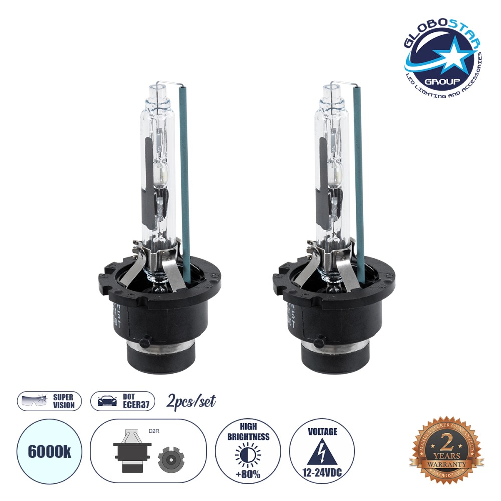 GLOBOSTAR® HID 84043 Λάμπα Xenon D2R Super Vision Υψηλής Φωτεινότητας +80% CANbus DOT ECER37 55W/110W 5000lm/10000lm 360° DC 12-24V Αδιάβροχο IP65 Ψυχρό Λευκό 6000K - Μ3.2 x Π3.2 x Υ7.5cm - Πακέτο 2 Τεμαχίων - 2 Χρόνια Εγγύηση