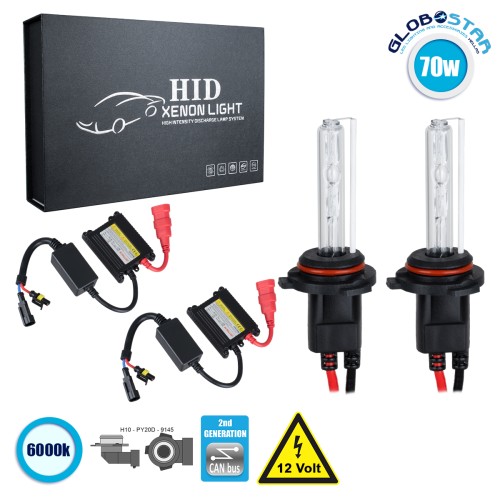 GloboStar® 84106 H10 CB Line KIT Βασικού Φωτισμού Αυτοκινήτου & Μοτοσυκλέτας 2nd Generation Can-Bus Series XENON 70W 6400lm DC 9-16V Αδιάβροχο IP65 Ψυχρό Λευκό 6000K