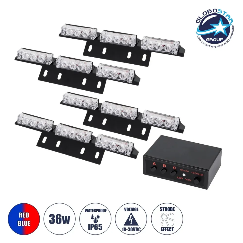 GloboStar® 85017 PRO Series ΣΕΤ 4 x 3 Μπάρες Σήμανσης Οχήματος Οδικής Βοήθειας για Αυτοκίνητα & Φορτηγά 3 Προγραμμάτων Φωτισμού STROBE LED HIGH POWER 36W DC 10-30V Αδιάβροχο IP65 Κόκκινο & Μπλε-  Μ18 x Π4.5 x Υ3cm - 2 Χρόνια Εγγύηση