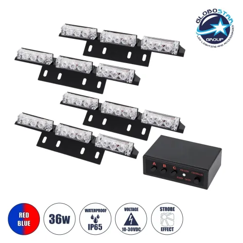 GloboStar® 85017 PRO Series ΣΕΤ 4 x 3 Μπάρες Σήμανσης Οχήματος Οδικής Βοήθειας για Αυτοκίνητα & Φορτηγά 3 Προγραμμάτων Φωτισμού STROBE LED HIGH POWER 36W DC 10-30V Αδιάβροχο IP65 Κόκκινο & Μπλε-  Μ18 x Π4.5 x Υ3cm - 2 Χρόνια Εγγύηση