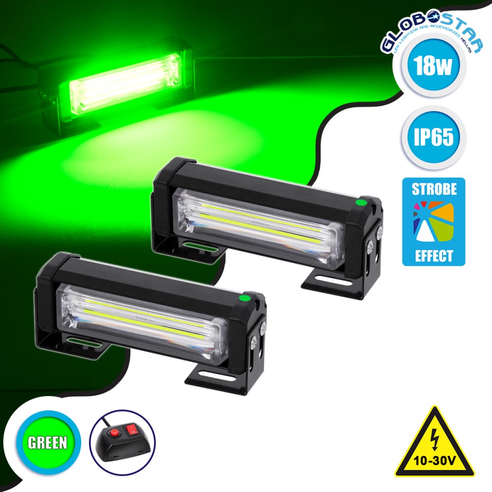 GloboStar® 85025 PRO Series ΣΕΤ 2 x Μπάρες Σήμανσης Οχήματος Πυροσβεστικής για Αυτοκίνητα & Φορτηγά 13 Προγραμμάτων Φωτισμού STROBE LED CREE CXB COB 18W DC 10-30V Αδιάβροχο IP65 Πράσινο