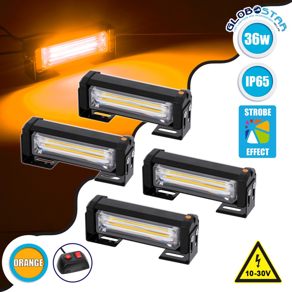 GloboStar® 85033 PRO Series ΣΕΤ 4 x Μπάρες Σήμανσης Οχήματος Οδικής Βοήθείας για Αυτοκίνητα & Φορτηγά 13 Προγραμμάτων Φωτισμού LED CREE CXB COB 36W DC 10-30V Αδιάβροχο IP65 Πορτοκαλί