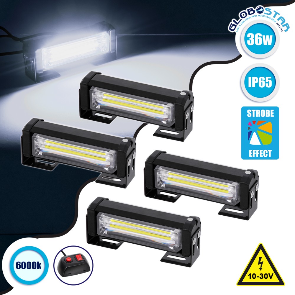 GloboStar® 85034 PRO Series ΣΕΤ 4 x Μπάρες Σήμανσης Οχήματος Ασθενοφόρου για Αυτοκίνητα & Φορτηγά 13 Προγραμμάτων Φωτισμού LED CREE CXB COB 36W DC 10-30V Αδιάβροχο IP65 Ψυχρό Λευκό 6000K
