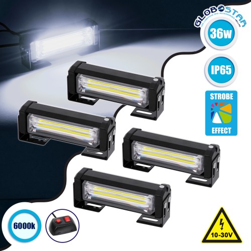 GloboStar® 85034 PRO Series ΣΕΤ 4 x Μπάρες Σήμανσης Οχήματος Ασθενοφόρου για Αυτοκίνητα & Φορτηγά 13 Προγραμμάτων Φωτισμού LED CREE CXB COB 36W DC 10-30V Αδιάβροχο IP65 Ψυχρό Λευκό 6000K