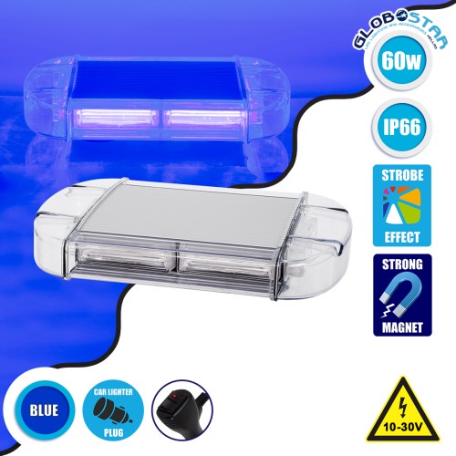 GloboStar® 85176 PRO Series Φάρος Σήμανσης Οχήματος Αστυνομίας για Αυτοκίνητα & Φορτηγά 6 Προγραμμάτων Φωτισμού STROBE LED COB 60W DC 10-30V Αδιάβροχος IP66 Μπλε