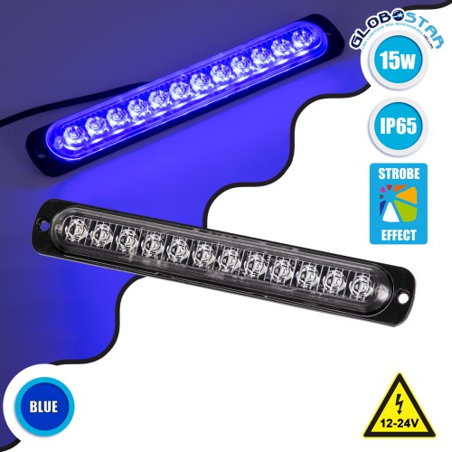 GloboStar® 85268 PRO Series Μπάρα Σήμανσης Οχήματος Αστυνομίας για Αυτοκίνητα & Φορτηγά 10 Προγραμμάτων Φωτισμού STROBE LED SMD 3030 15W DC 12-24V Αδιάβροχη IP65 Μπλε