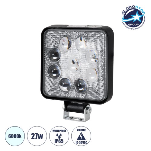 GloboStar® 85404 Vehicle Work Lights - Φώτα Εργασίας για Οχήματα LED 27W DC 10-30V Αδιάβροχο IP67 Ψυχρό Λευκό 6000K Μ14 x Π11 x Υ2.2cm