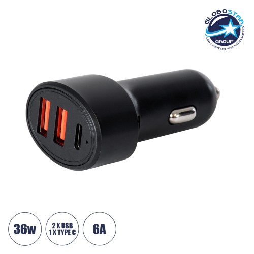 GloboStar® 85436 Φορτιστής Αναπτήρα Αυτοκινήτου Γρήγορης Φόρτισης PD 36W 6A με 2 Θύρες USB και 1 Θύρα Type-C Μαύρο