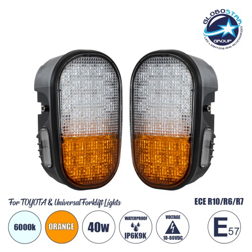 GloboStar® 85455 E57 Mark Σετ 2 x Φανάρια για TOYOTA & UNIVERSAL FORKLIFT Βασικού Φωτισμού για Οχήματα Περονοφόρα - Κλάρκ με Φλας LED 40W DC 10-80V Αδιάβροχα IP6K9K Πορτοκαλί & Ψυχρό Λευκό 6000K  Μ20 x Π8 x Υ12cm
