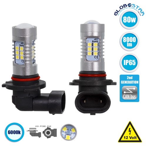 GloboStar® 85602 H10 JHY Line KIT Βασικού Φωτισμού Αυτοκινήτου & Μοτοσυκλέτας 2nd Generation Can-Bus Series LED SMD 3030 80W 8000lm DC 12V Αδιάβροχο IP65 Ψυχρό Λευκό 6000K