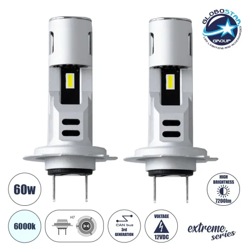 GloboStar® 85619 H7 SM-I7 KIT Βασικού Φωτισμού Αυτοκινήτου & Φορτηγού 3rd Generation Can-Bus Extreme Series LED CREE CXB COB 60W 7200lm DC 12V Αδιάβροχο IP67 Ψυχρό Λευκό 6000K