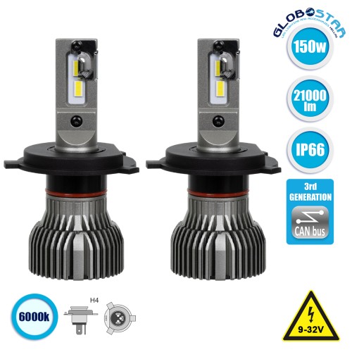 GloboStar® 85642 H4 E30 Line KIT Βασικού Φωτισμού Αυτοκινήτου & Φορτηγού 3nd Generation Can-Bus Series LED CREE CXB 150W 21000lm DC 9-32V Αδιάβροχο IP66 Ψυχρό Λευκό 6000K