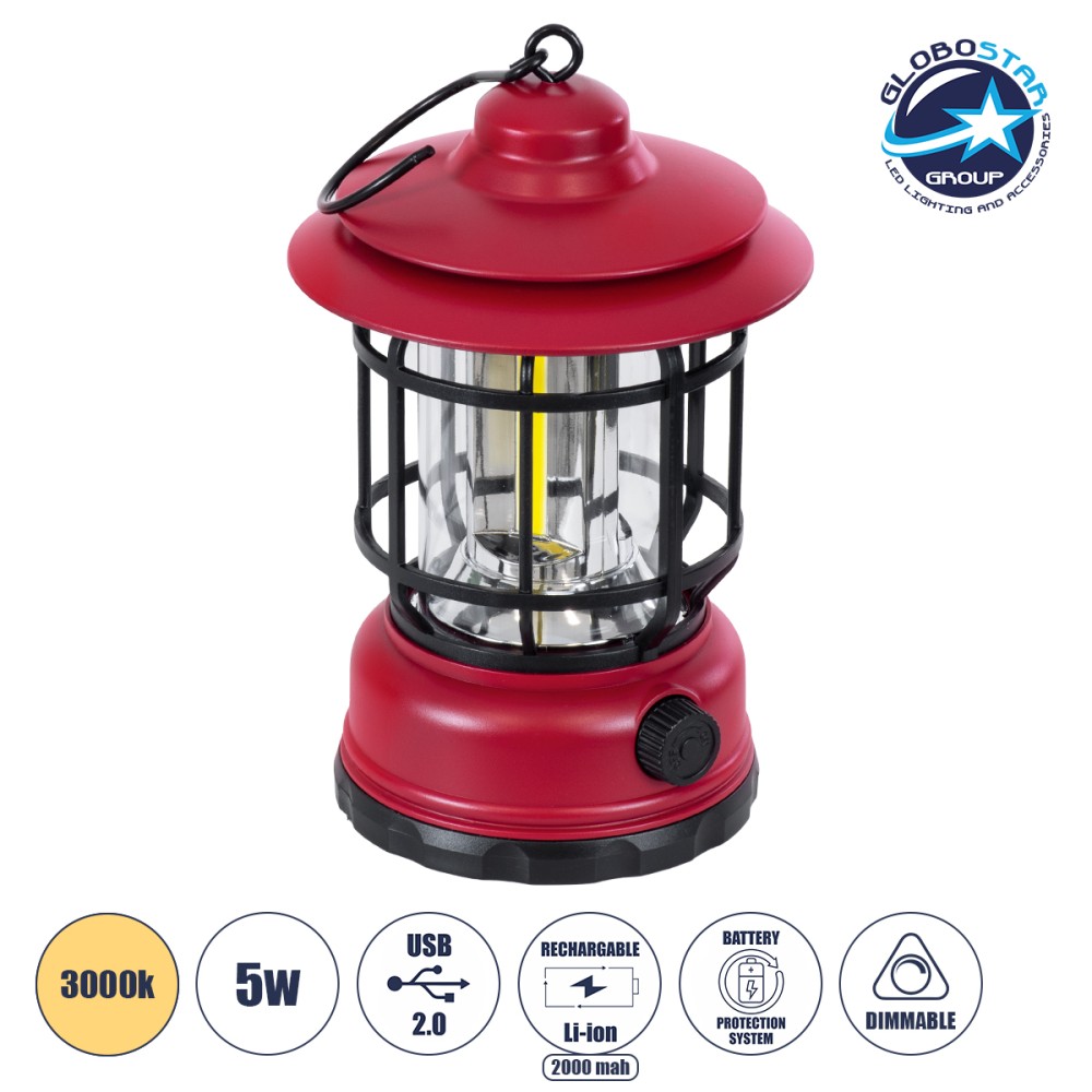 GloboStar® 85694 Αυτόνομο Επαναφορτιζόμενο Φανάρι Camping LED 5W USB 2.0 με Επαναφορτιζόμενη Μπαταρία 1 x 18650 2000mAh Li-ion - IP20 - Dimmable - Κόκκινο με Διάφανο Γυαλί - Θερμό Λευκό 3000K Φ12 x Υ17cm