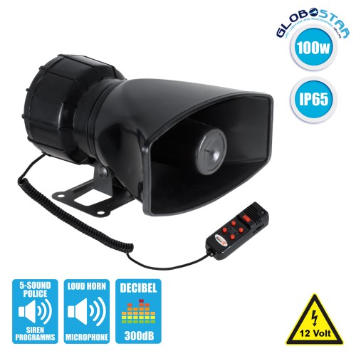 GloboStar® 85698 Τηλεβόας - Ντουντούκα - Σειρήνα - Κόρνα Αυτοκινήτου με 5 Προγράμματα Ήχητικών Εφέ Αστυνομίας - Πυροσβεστικής - Security με Μικρόφωνο - 100W 300db DC 12V Αδιάβροχο IP65