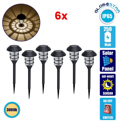 GloboStar® 85704 ΣΕΤ 6 Τεμαχίων Αυτόνομα Ηλιακά Φωτιστικά LED SMD 1W 100lm με Ενσωματωμένη Μπαταρία 250mAh - Φωτοβολταϊκό Πάνελ με Αισθητήρα Ημέρας-Νύχτας Αδιάβροχο IP65 Φανάρι Κήπου Στρογγυλό Θερμό Λευκό 3000K
