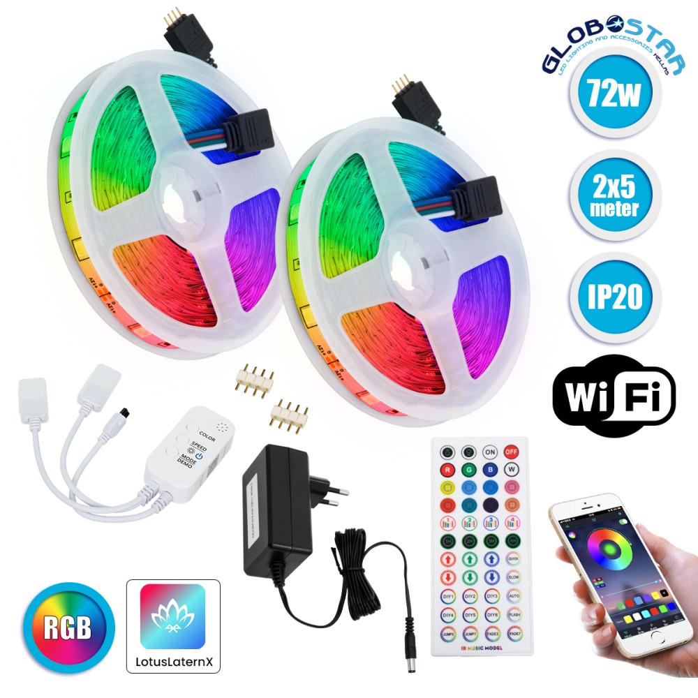 GLOBOSTAR® CHROMAWAVE 85813 Σετ Ταινίας με Τροφοδοτικό με IR Ασύρματο Χειριστήριο & Λειτουργία μέσω WiFi APP LED 72W 4320lm 120° AC 220-240V IP20 600 x SMD5050 Chip Πολύχρωμο RGB Dimmable - Sanan SMD Chip - Μ1000 x Π1 x Υ0.3cm - Δύο Ρολά 5 Μέτρων - 2 
