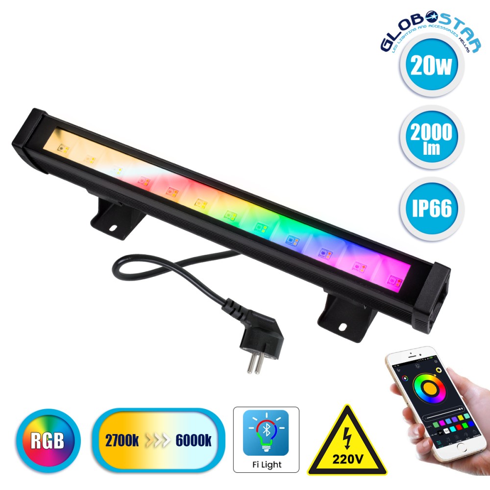 GloboStar® 85816 Μπάρα Εξωτερική LED SMD 5050 & 2835 20W 2000lm 180° AC 230V με Ασύρματο Wireless Bluetooth Αδιάβροχη IP66 Πολύχρωμη RGB+CCT Θερμό Λευκό 3000K - Λευκό Ημέρας 4500K - Ψυχρό Λευκό 6000K