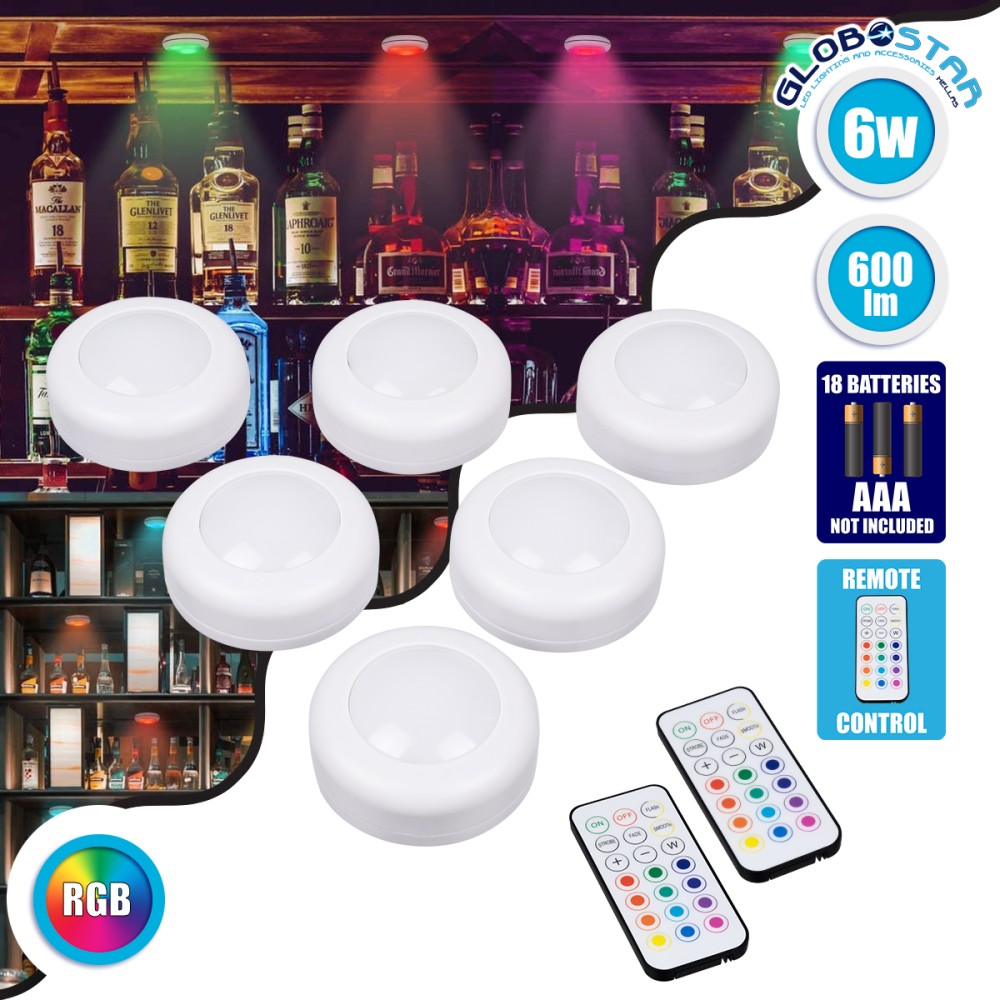 GloboStar® 85818 Φωτιστικά Νυκτός Μπαταρίας LED SMD 5050 6W 600lm με Ασύρματο Χειριστήριο RF - ΣΕΤ 6 Τεμαχίων Πολύχρωμα RGB