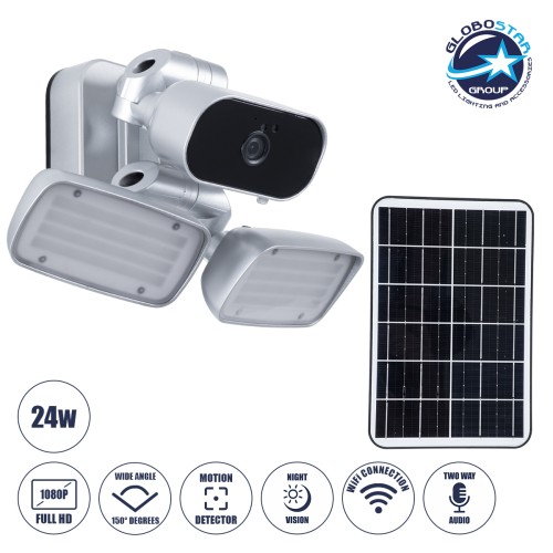 GloboStar® 86044 Αυτόνομος Ηλιακός Προβολέας LED SMD 24W 1200lm με IP Camera 1080P 2MP WiFi 150° Μοιρών - Ενσωματωμένη Μπαταρία 3200mAh - Φωτοβολταϊκό Πάνελ - Αισθητήρα Ημέρας-Νύχτας & Ρύθμιση Χρόνου Ανάμματος - Αδιάβροχος IP66 Ψυχρό Λευκό 6000K - Αση