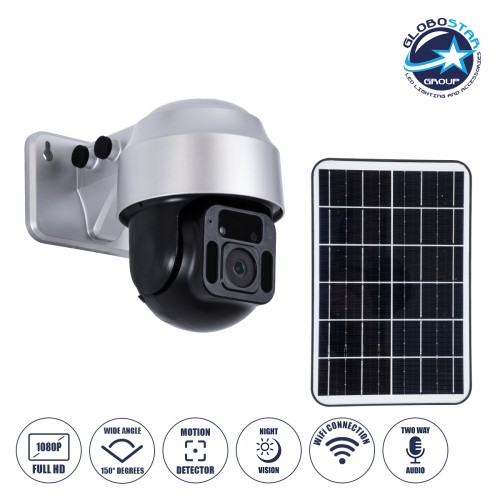 GloboStar® 86049 Αυτόνομη Ηλιακή Camera 1080P 2MP WiFi 150° Μπαταρία 3200mAh Φωτοβολταϊκό Πάνελ Διπλή Κατέυθυνση Ομιλίας Αδιάβροχη IP66 Ψυχρό Λευκό 6000K - Ασημί