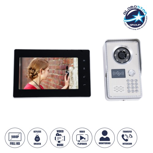 GloboStar® 86061 Σετ Θυροτηλεόρασης με Έγχρωμη Οθόνη Αφής 7" και Κάμερα 1080P HD & 4 Επαγωγικά Κλειδιά για Ηλεκτρονικές Κλειδαριές - Μαύρο - Ασημί
