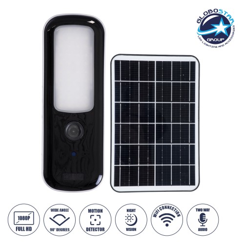 GloboStar® 86073 Αυτόνομος Ηλιακός Επιτοίχιος Προβολέας LED SMD 12W 600lm με IP Camera 1080P 2MP WiFi 150° Μοιρών - Ενσωματωμένη Μπαταρία 2500mAh - Φωτοβολταϊκό Πάνελ - Αισθητήρα Ημέρας-Νύχτας & Ρύθμιση Χρόνου Ανάμματος - Αδιάβροχος IP66 Ψυχρό Λευκό 6