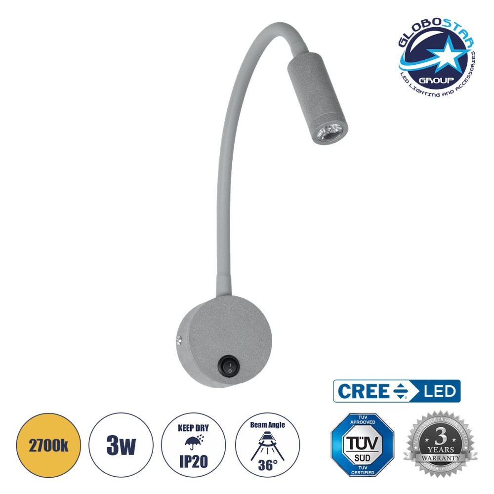 GLOBOSTAR® GOOSE 61689 Μοντέρνο Φωτιστικό Τοίχου - Απλίκα Ξενοδοχείου Reading Light LED 3W 270lm 36° AC 220-240V IP20 Θερμό Λευκό 2700K - CREE XPE Chip & TÜV SÜD Driver - Γκρι Ανθρακί Ματ - Μ6.5 x Π15 x Υ24.5cm - 3 Χρόνια Εγγύηση