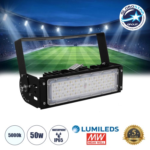 GLOBOSTAR® GOLIATH 90100-1 Προβολέας για Γήπεδα Tennis & Ποδοσφαίρου 5x5 LED 50W 7500lm 75°x135° SDCM<5 Fish Eye Lens AC 220-240V Αδιάβροχο IP65 IK08 Φυσικό Λευκό 5000K - Lumileds SMD Chip & Mean Well Driver - Μαύρο Ματ - Μ32 x Π12 x Υ9cm - 5 Χ