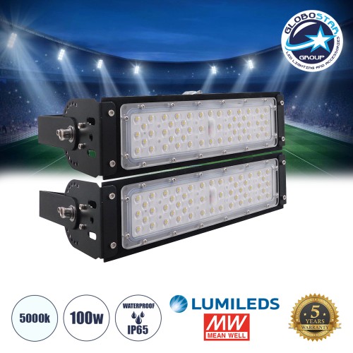 GLOBOSTAR® GOLIATH 90100-2 Προβολέας για Γήπεδα Tennis & Ποδοσφαίρου 5x5 LED 100W 15000lm 75°x135° SDCM<5 Fish Eye Lens AC 220-240V Αδιάβροχο IP65 IK08 Φυσικό Λευκό 5000K - Lumileds SMD Chip & Mean Well Driver - Μαύρο Ματ - Μ32 x Π12 x Υ18cm - 