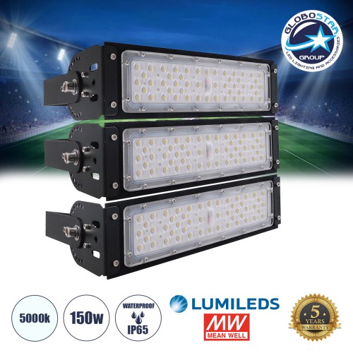 GLOBOSTAR® GOLIATH 90100-3 Προβολέας για Γήπεδα Tennis & Ποδοσφαίρου 5x5 LED 150W 22500lm 75°x135° SDCM<5 Fish Eye Lens AC 220-240V Αδιάβροχο IP65 IK08 Φυσικό Λευκό 5000K - Lumileds SMD Chip & Mean Well Driver - Μαύρο Ματ - Μ32 x Π12 x Υ27cm - 