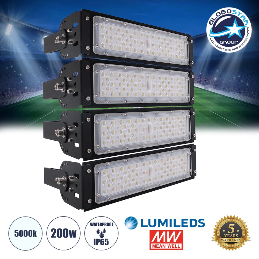 GLOBOSTAR® GOLIATH 90100-4 Προβολέας για Γήπεδα Tennis & Ποδοσφαίρου 5x5 LED 200W 30000lm 75°x135° SDCM<5 Fish Eye Lens AC 220-240V Αδιάβροχο IP65 IK08 Φυσικό Λευκό 5000K - Lumileds SMD Chip & Mean Well Driver - Μαύρο Ματ - Μ32 x Π12 x Υ36cm - 