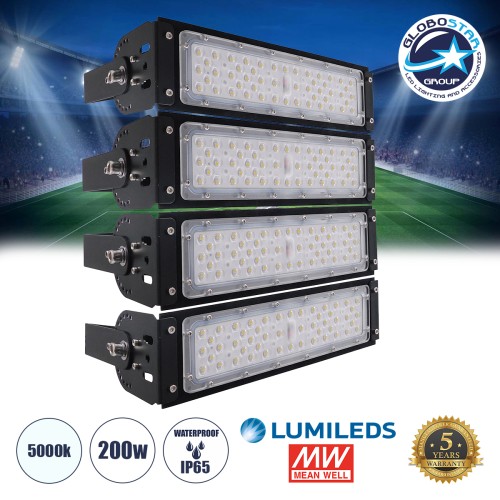 GLOBOSTAR® GOLIATH 90100-4 Προβολέας για Γήπεδα Tennis & Ποδοσφαίρου 5x5 LED 200W 30000lm 75°x135° SDCM<5 Fish Eye Lens AC 220-240V Αδιάβροχο IP65 IK08 Φυσικό Λευκό 5000K - Lumileds SMD Chip & Mean Well Driver - Μαύρο Ματ - Μ32 x Π12 x Υ36cm - 