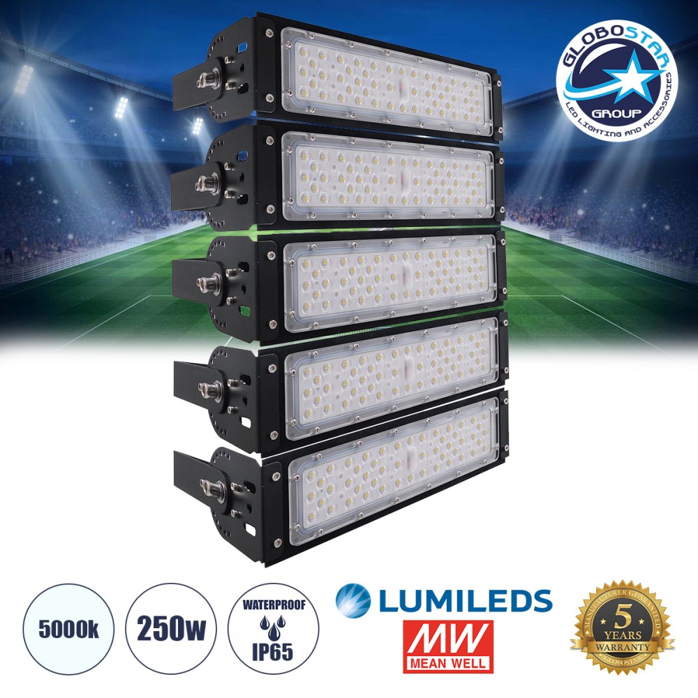 GLOBOSTAR® GOLIATH 90100-5 Προβολέας για Γήπεδα Tennis & Ποδοσφαίρου 5x5 LED 250W 37500lm 75°x135° SDCM<5 Fish Eye Lens AC 220-240V Αδιάβροχο IP65 IK08 Φυσικό Λευκό 5000K - Lumileds SMD Chip & Mean Well Driver - Μαύρο Ματ - Μ32 x Π12 x Υ45cm - 