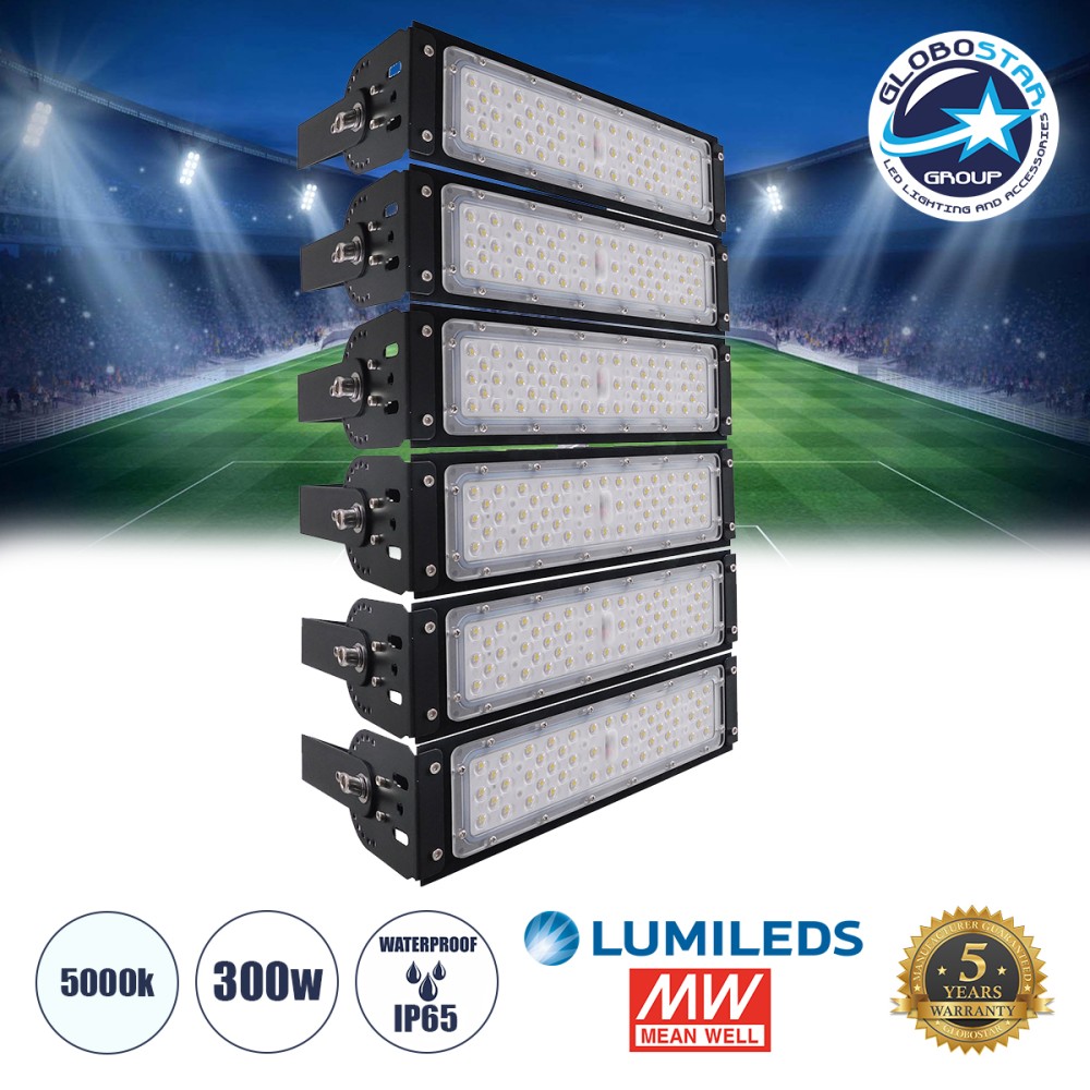 GLOBOSTAR® GOLIATH 90100-6 Προβολέας για Γήπεδα Tennis & Ποδοσφαίρου 5x5 LED 300W 45000lm 75°x135° SDCM<5 Fish Eye Lens AC 220-240V Αδιάβροχο IP65 IK08 Φυσικό Λευκό 5000K - Lumileds SMD Chip & Mean Well Driver - Μαύρο Ματ - Μ32 x Π12 x Υ54cm - 