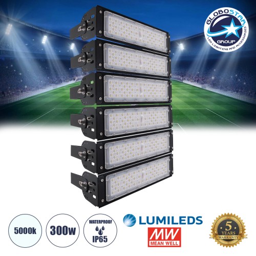GLOBOSTAR® GOLIATH 90100-6 Προβολέας για Γήπεδα Tennis & Ποδοσφαίρου 5x5 LED 300W 45000lm 75°x135° SDCM<5 Fish Eye Lens AC 220-240V Αδιάβροχο IP65 IK08 Φυσικό Λευκό 5000K - Lumileds SMD Chip & Mean Well Driver - Μαύρο Ματ - Μ32 x Π12 x Υ54cm - 