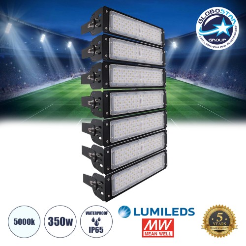 GLOBOSTAR® GOLIATH 90100-7 Προβολέας για Γήπεδα Tennis & Ποδοσφαίρου 5x5 LED 350W 52500lm 75°x135° SDCM<5 Fish Eye Lens AC 220-240V Αδιάβροχο IP65 IK08 Φυσικό Λευκό 5000K - Lumileds SMD Chip & Mean Well Driver - Μαύρο Ματ - Μ32 x Π12 x Υ63cm - 