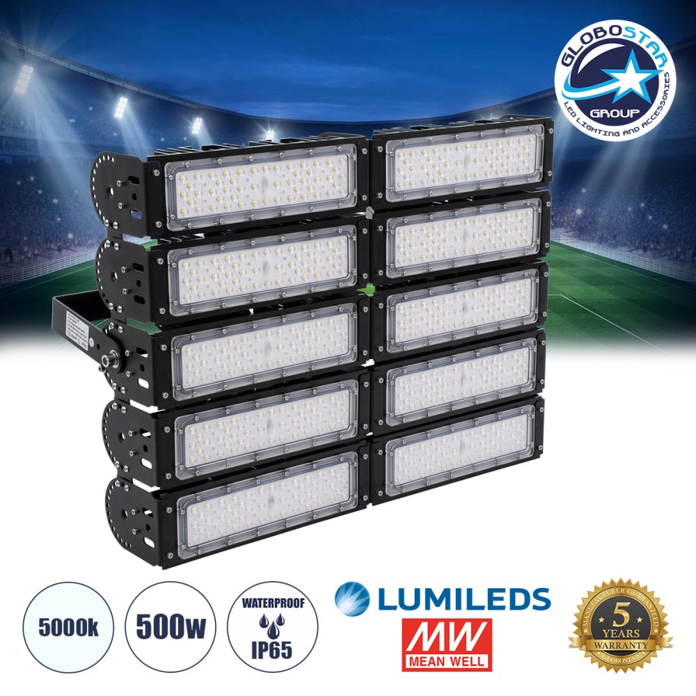 GLOBOSTAR® GOLIATH 90104 Προβολέας για Γήπεδα Tennis & Ποδοσφαίρου 5x5 LED 500W 75000lm 75°x135° SDCM<5 Fish Eye Lens AC 220-240V Αδιάβροχο IP65 IK08 Φυσικό Λευκό 5000K - Lumileds SMD Chip & Mean Well Driver - Μαύρο Ματ - Μ62 x Π22 x Υ45cm - 5 
