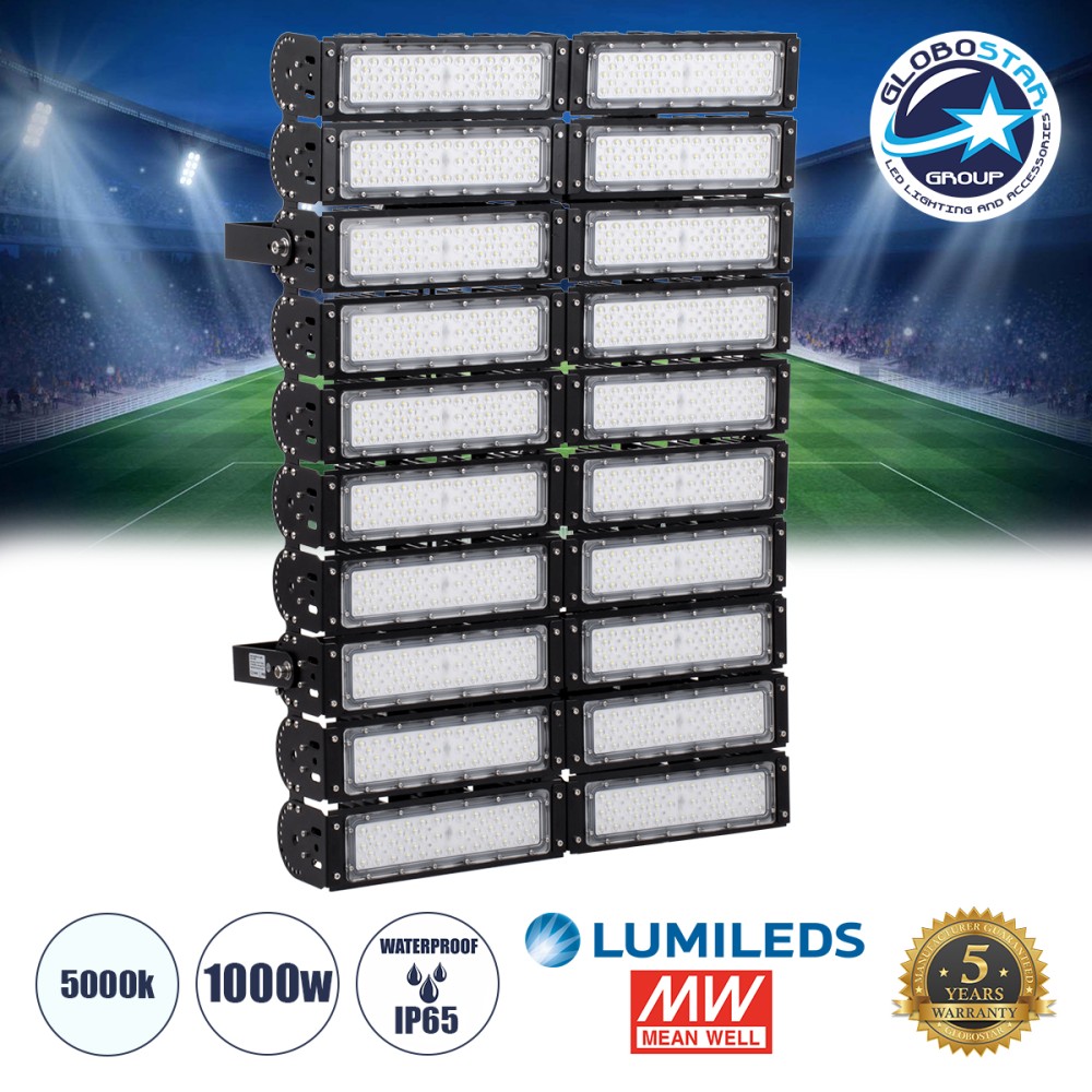 GLOBOSTAR® GOLIATH 90105 Προβολέας για Γήπεδα Tennis & Ποδοσφαίρου 5x5 LED 1000W 150000lm 75°x135° SDCM<5 Fish Eye Lens AC 220-240V Αδιάβροχο IP65 IK08 Φυσικό Λευκό 5000K - Lumileds SMD Chip & Mean Well Driver - Μαύρο Ματ - Μ62 x Π22 x Υ90cm - 