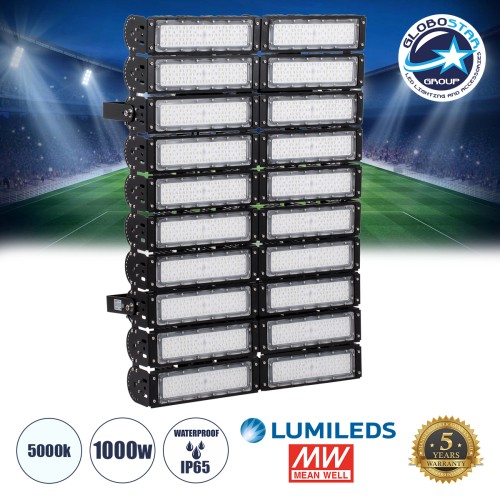 GLOBOSTAR® GOLIATH 90105 Προβολέας για Γήπεδα Tennis & Ποδοσφαίρου 5x5 LED 1000W 150000lm 75°x135° SDCM<5 Fish Eye Lens AC 220-240V Αδιάβροχο IP65 IK08 Φυσικό Λευκό 5000K - Lumileds SMD Chip & Mean Well Driver - Μαύρο Ματ - Μ62 x Π22 x Υ90cm - 
