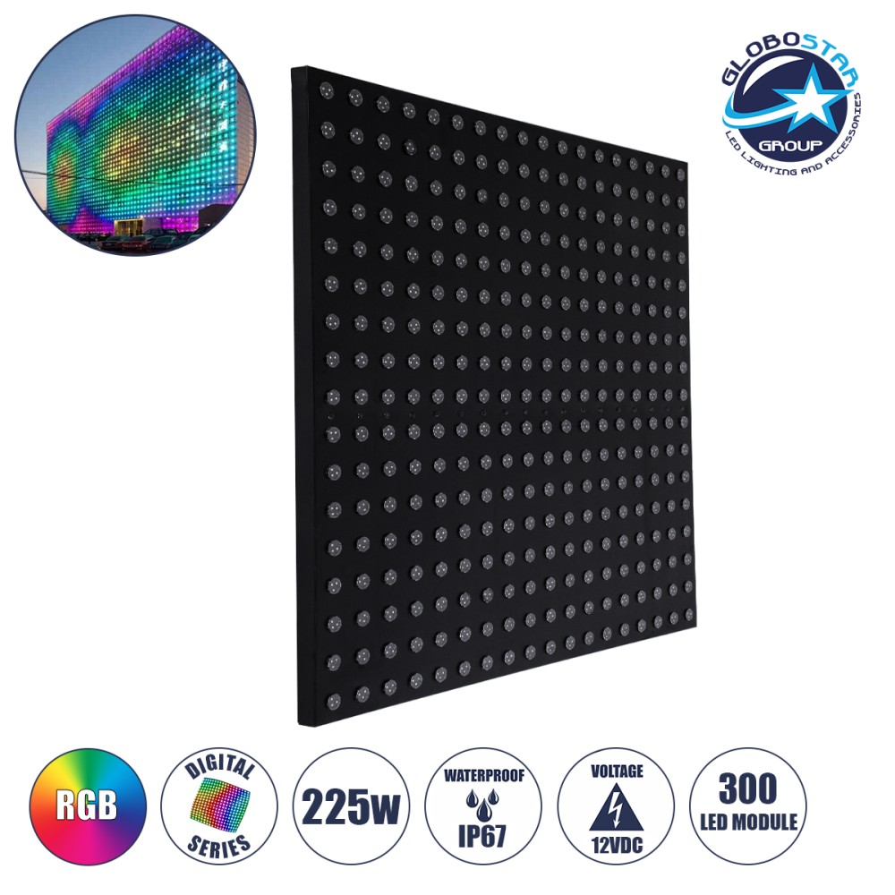 GloboStar® 90118 Digital Pixel Addressable Facade Panel - Ψηφιακό Πάνελ Πρόσοψης Κτιρίων LED SMD 3535 225W/m2 300LED/m2 300PIXEL/m2 SPI/TTL Protocol IC UCS512B 13500lm/m2 120° DC 12V IP67 RGB - Μαύρο Σώμα - Μ100 x Π100 x Υ3cm