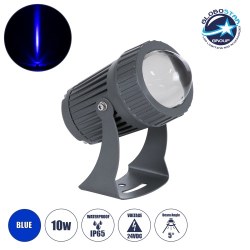 GLOBOSTAR® SPOTFENIA 90136 Αρχιτεκτονικό Σποτ Φωτισμου LED 10W 850lm 5° DC 24V Αδιάβροχο IP65 Μπλε Dimmable - Bridgelux COB Chip - Γκρι Ανθρακί - Μ7 x Π7 x Υ12cm - 3 Χρόνια Εγγύηση