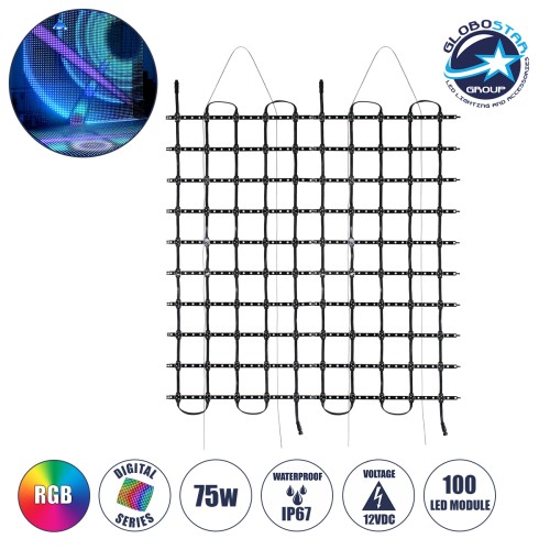 GloboStar® 90141 Digital Pixel Addressable Facade Soft Net Panel - Ψηφιακό Εύκαμπτο Δίχτυ Πάνελ Πρόσοψης Κτιρίων LED SMD 3535 75W/m2 100LED/m2 100PIXEL/m2 SPI/TTL Protocol IC UCS512B 4500lm/m2 120° DC 12V IP67 RGB - Μαύρο Σώμα - Μ100 x Π100 x Υ1.7cm