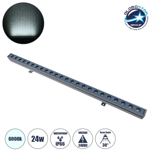 GLOBOSTAR® WASHERMARGO 90153 Μπάρα Φωτισμού Wall Washer LED 24W 2880lm 30° DC 24V Αδιάβροχο IP66 Ψυχρό Λευκό 6000K Dimmable - Bridgelux SMD Chip - Γκρι Ανθρακί - Μ100 x Π8.5 x Υ4cm - 3 Χρόνια Εγγύηση