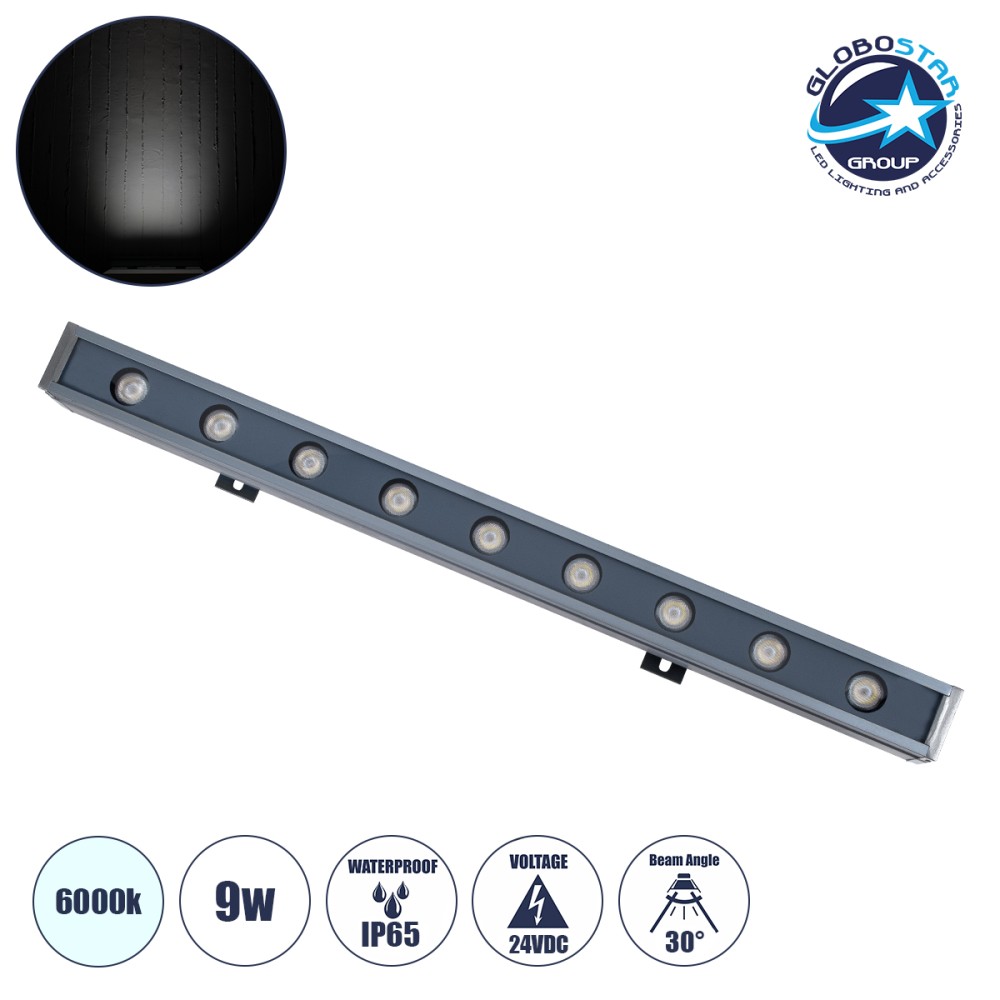 GLOBOSTAR® WASHERMARGO 90174 Μπάρα Φωτισμού Wall Washer LED 9W 1080lm 30° DC 24V Αδιάβροχο IP65 Ψυχρό Λευκό 6000K Dimmable - Bridgelux SMD Chip - Γκρι Ανθρακί - Μ50 x Π4 x Υ5cm - 3 Χρόνια Εγγύηση